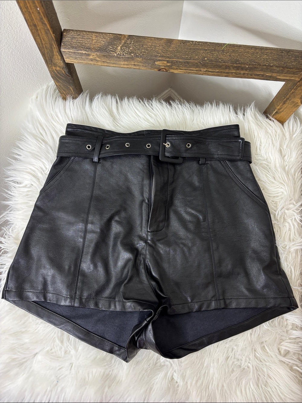 Altar'd State Black High-Waist Faux Leather Belted Shorts Size S
